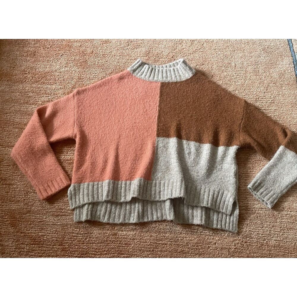 Oliveaceous Colorblock Mock Neck Sweater Coral Tan Brown Cashmere Blend Sz S